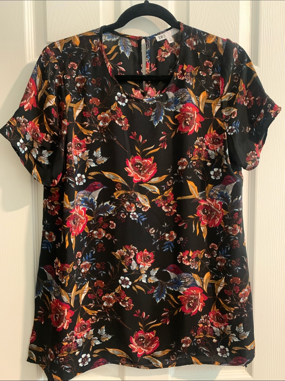 DR2 Black Short-Sleeve Blouse with Red, Blue, & Gold Floral Print